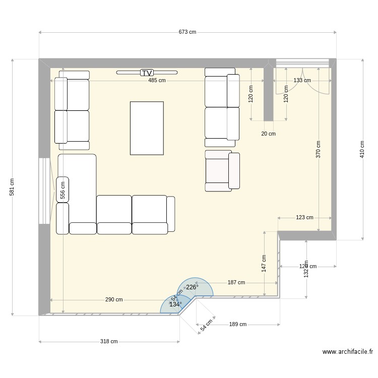 salle. Plan de 1 pièce et 32 m2