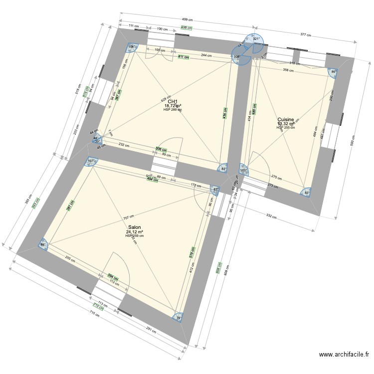 plan_5_Rivières. Plan de 3 pièces et 56 m2