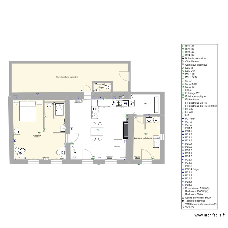 Plan de Base Pascal. Plan de 4 pièces et 72 m2