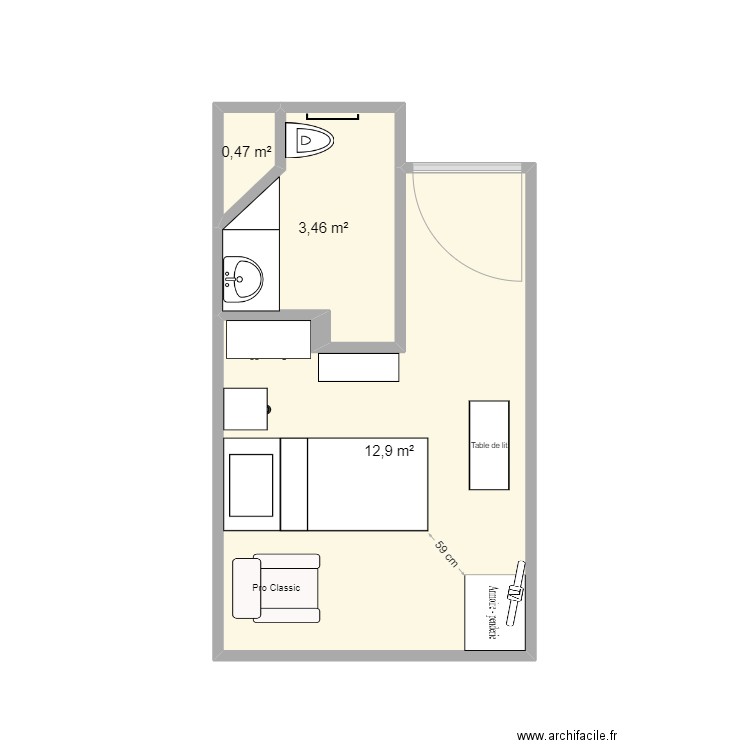 petite chambre usp. Plan de 3 pièces et 17 m2