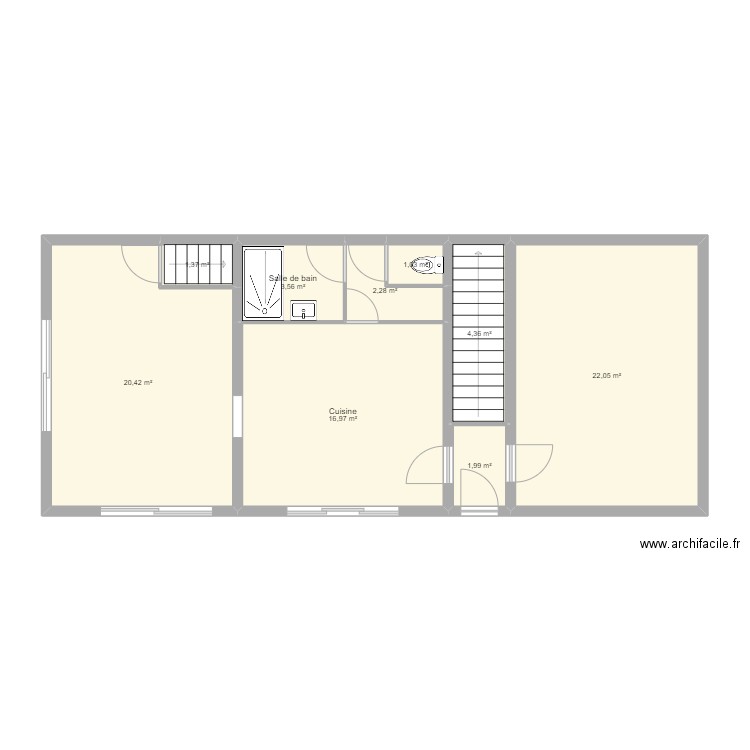 Plan RDC avec ouvertures cuisine et grange v2. Plan de 9 pièces et 74 m2
