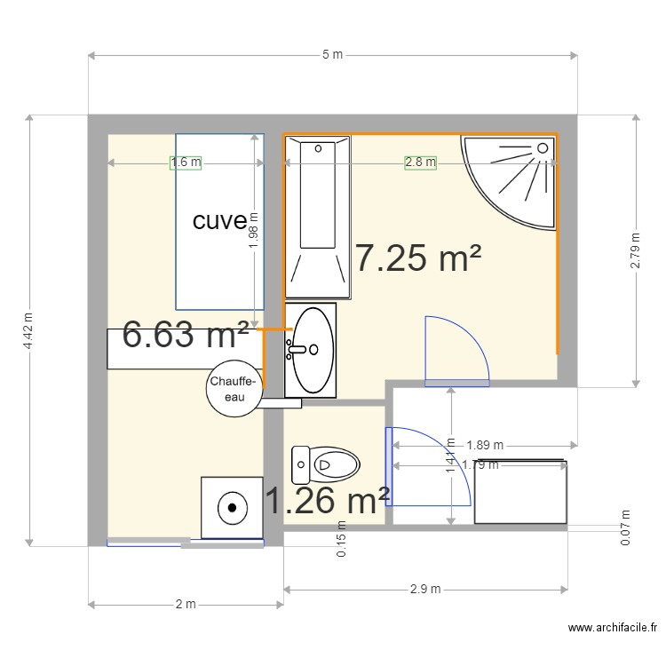 sdb . Plan de 3 pièces et 15 m2