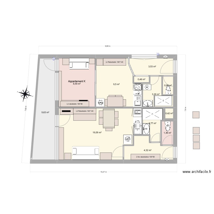 les 2 alpes 4. Plan de 12 pièces et 64 m2