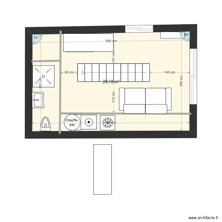 Cabane escalier coupé 2. Plan de 3 pièces et 42 m2