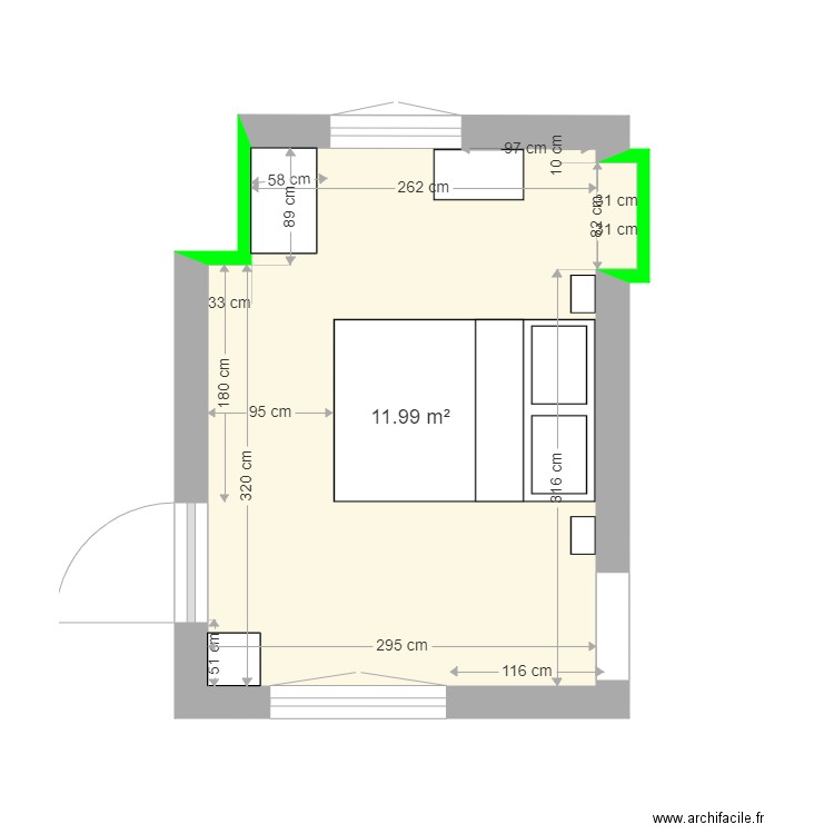 chambre. Plan de 1 pièce et 12 m2