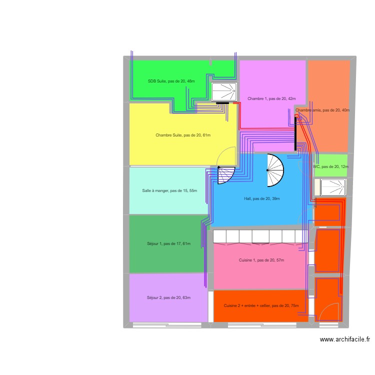 Loft APC plancher chauffant (plancher=89 l) ; (V.Total Loft+ch=230 l) ;  (+bureau=18 l) ; (+RDC=26 l). Plan de 19 pièces et 149 m2