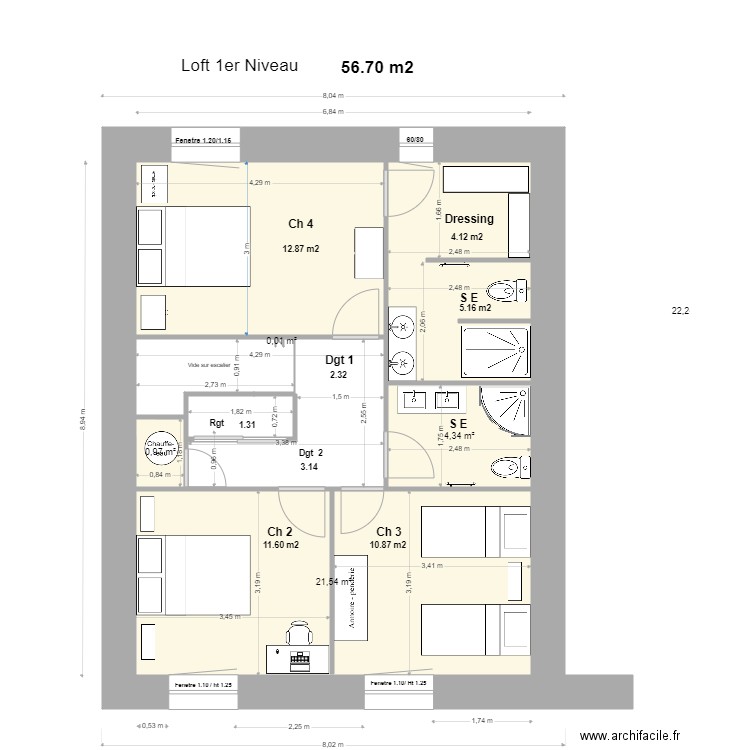 Loft 1 Niveau, Modifications. Plan de 5 pièces et 49 m2