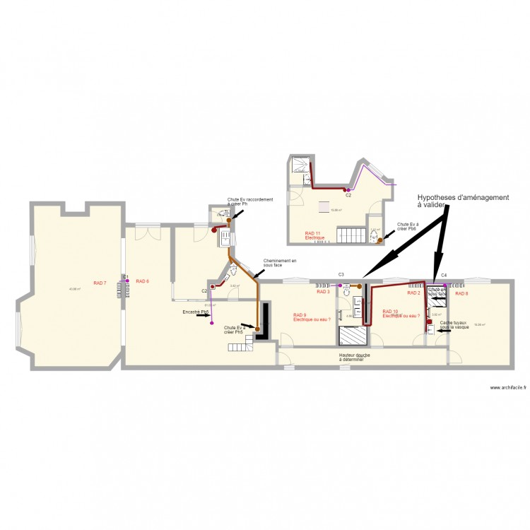 Plan projet avec chauffage plomberie sanitaires - 69 BINEAU. Plan de 14 pièces et 172 m2