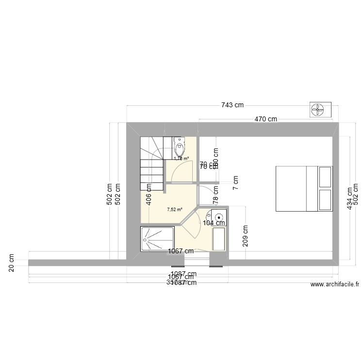 masse. Plan de 2 pièces et 9 m2