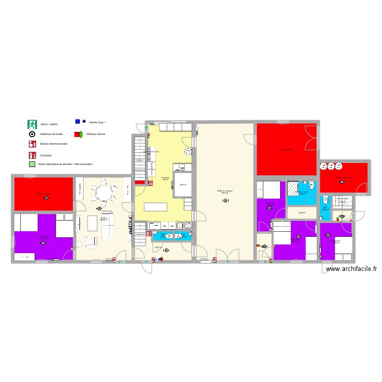 rdc gite groupe espace couleur nom des pièces + meubles + Sécurité. Plan de 21 pièces et 225 m2