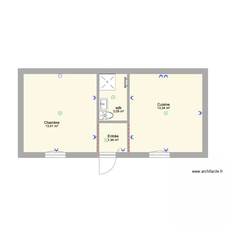 RDC2P. Plan de 4 pièces et 32 m²