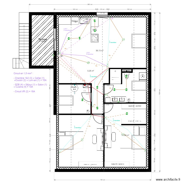 MAISON ETAGE ELECTRICITE CIRCUIT LUMIERE. Plan de 8 pièces et 90 m2