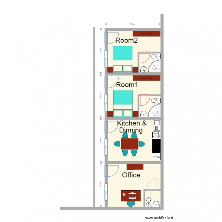 bureau et chambres. Plan de 7 pièces et 45 m2