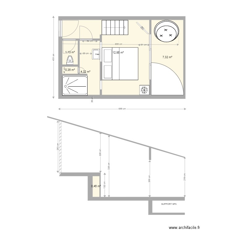 studio 2p V3c. Plan de 6 pièces et 27 m2