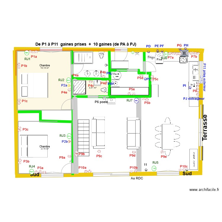 Prises plein pied. Plan de 3 pièces et 33 m2