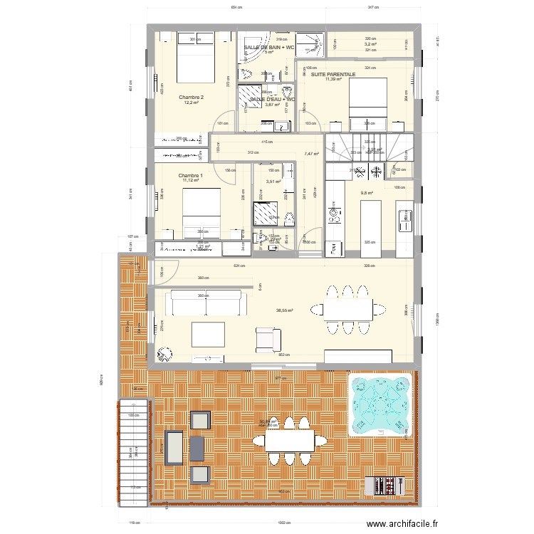 PROJET 2  120m2 3CH  3 SdB avec SS. Plan de 14 pièces et 161 m2