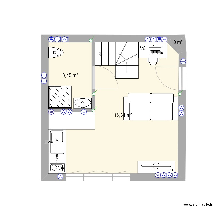 Studio. Plan de 3 pièces et 20 m2