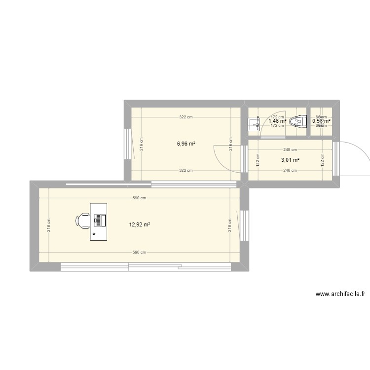 Type 2 M Tonglet. Plan de 5 pièces et 25 m2