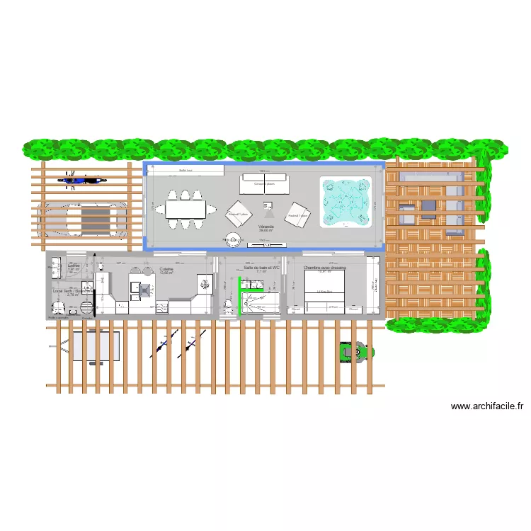 bel oeil v&eacute;randa 40 avec surfaces et dimensions. Plan de 