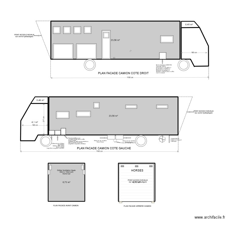 PLANS EXTERIEURS CAMION avec CABINE AVANT et EMPATTEMENT. Plan de 7 pièces et 66 m2