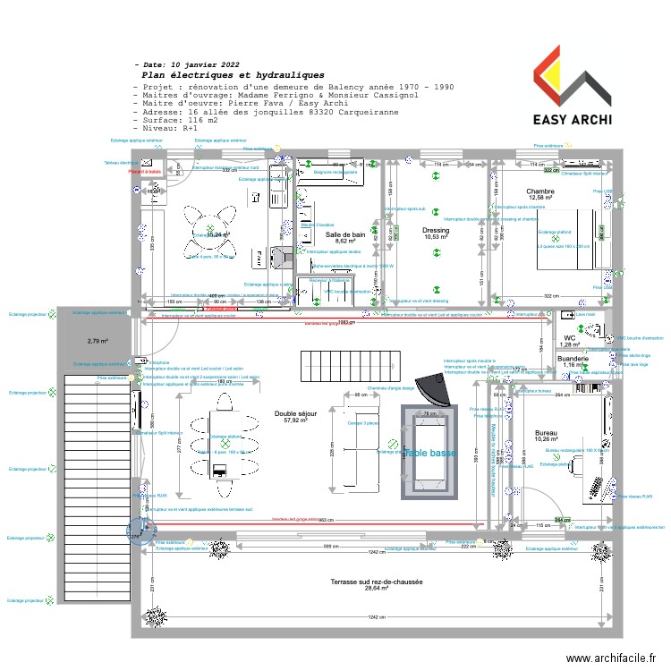 plan électrique et hydraulique. Plan de 12 pièces et 160 m2