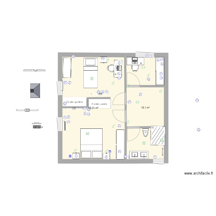 Initial etage. Plan de 2 pièces et 40 m2