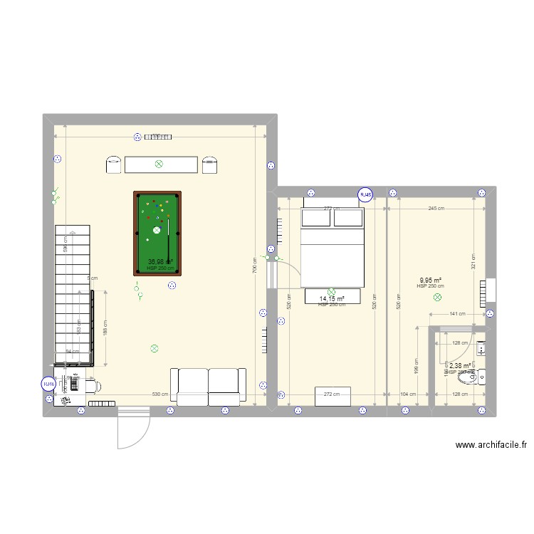 Combles. Plan de 4 pièces et 63 m2