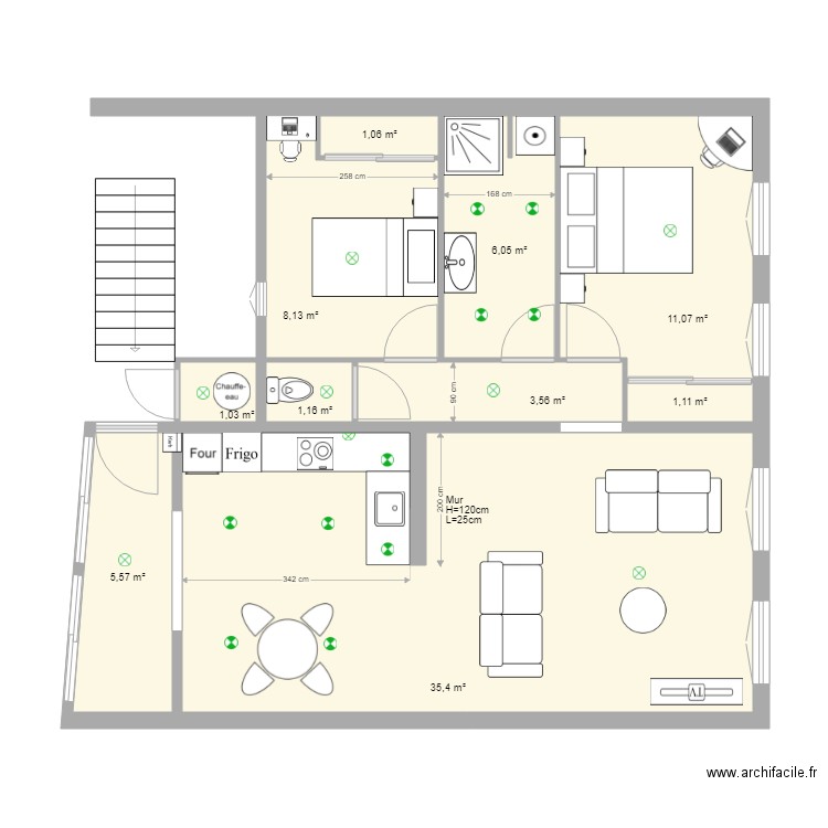 Appt 2ème B. Plan de 10 pièces et 74 m2