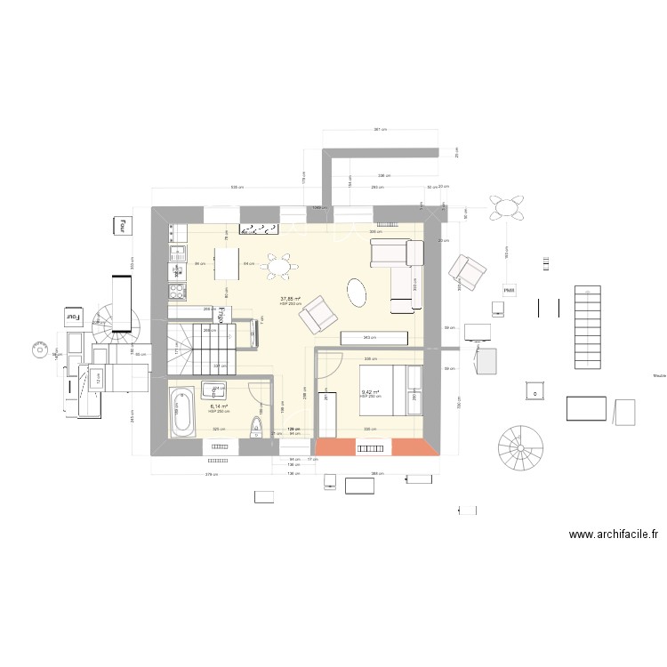 Maison idée renov. Plan de 3 pièces et 53 m2