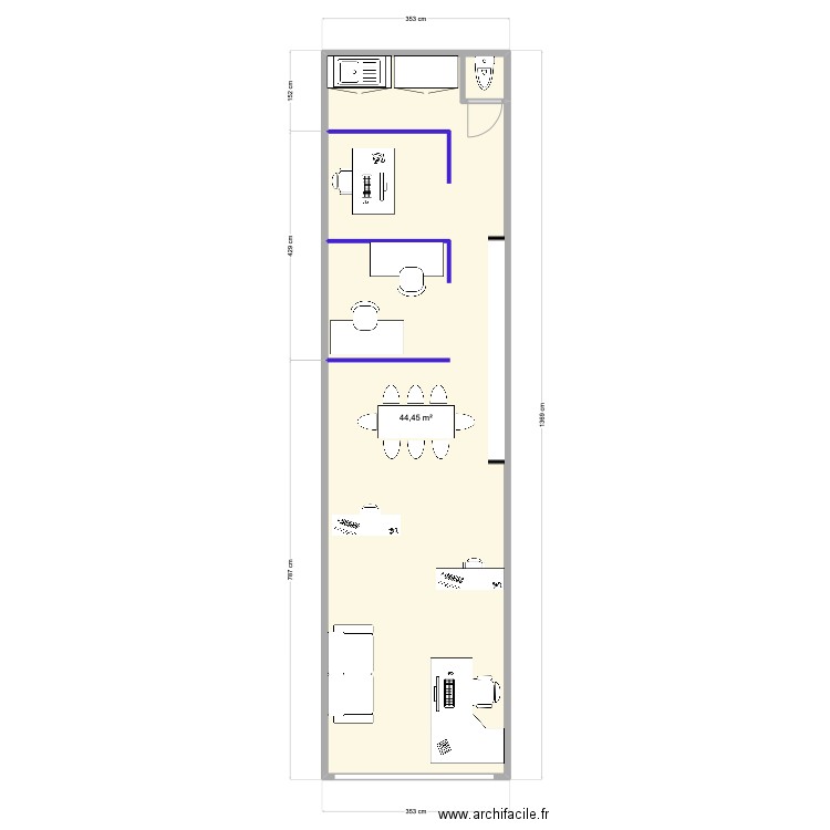 PLAN X -2. Plan de 1 pièce et 44 m2