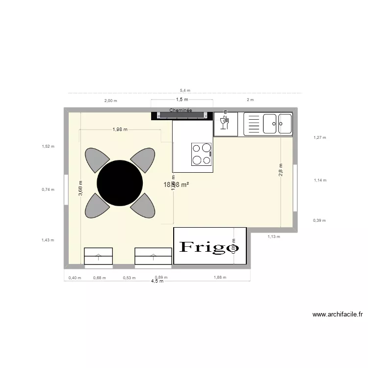 Cuisine + salle &agrave; manger + meubles. Plan de 