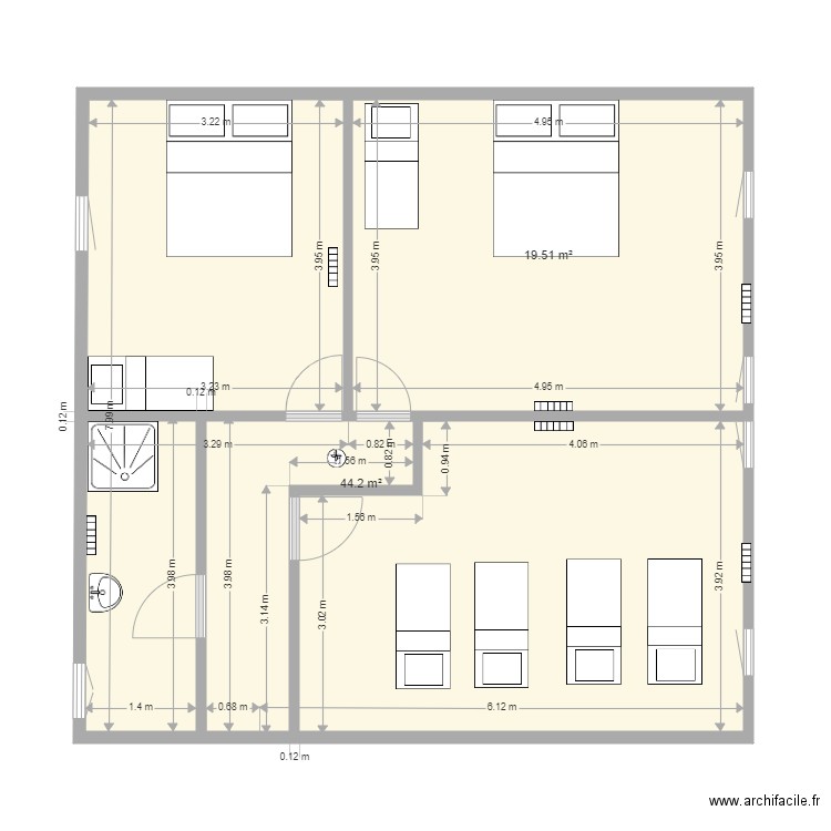 Test 1. Plan de 2 pièces et 64 m2