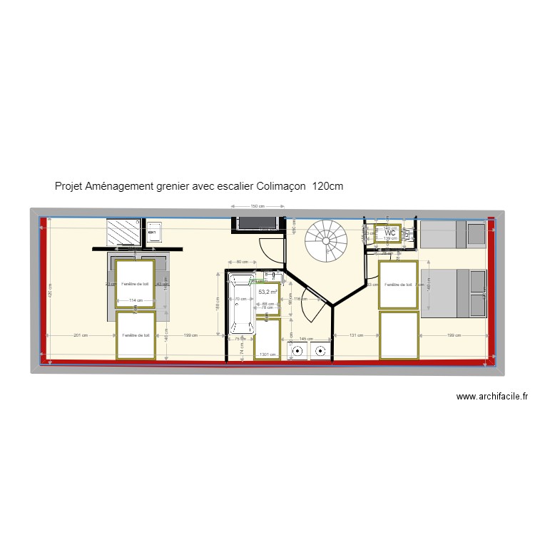 plan amenagement Grenier 2 chambres WC salle de bains version 2. Plan de 0 pièce et 0 m2