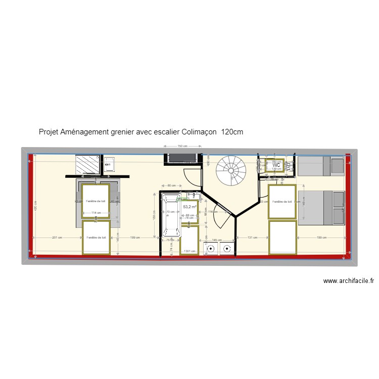 plan amenagement Grenier 2 chambres WC salle de bains version 2. Plan de 2 pièces et 56 m2