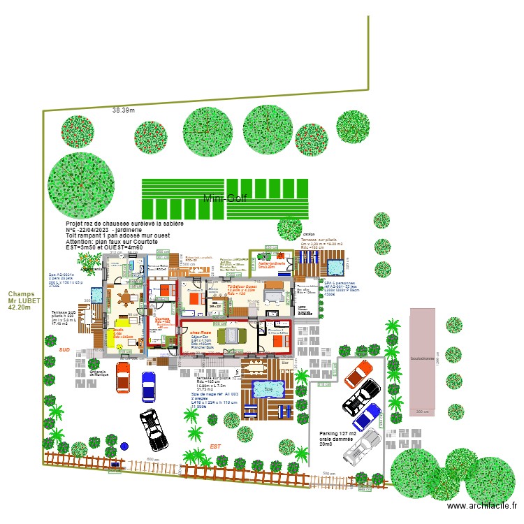 plan masse maison avec terrasse sud 3 m+extension atelier jardinerie toit 1 pan rampant. Plan de 7 pièces et 157 m2
