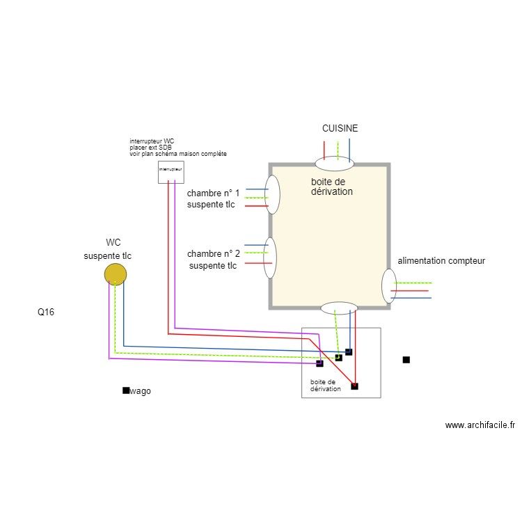  éclairage direct 1 point cuisine chambre1 et 2 et wc. Plan de 0 pièce et 0 m2