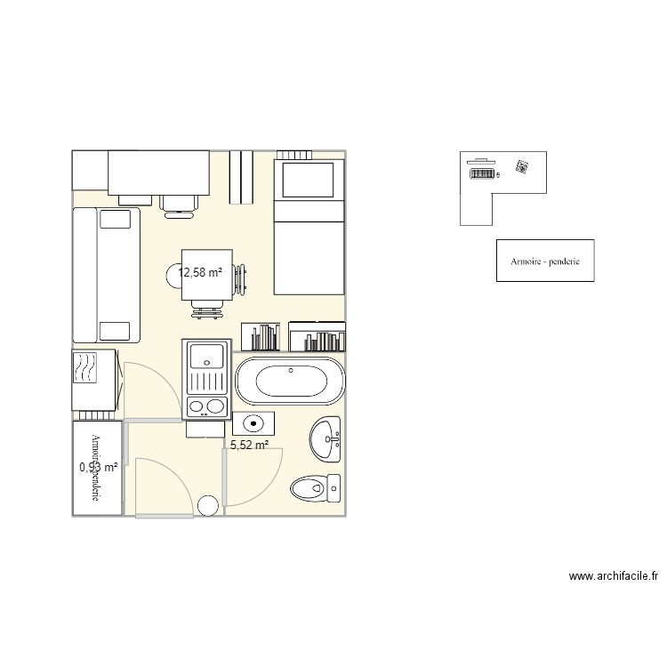 Studio fac habitat. Plan de 3 pièces et 19 m2