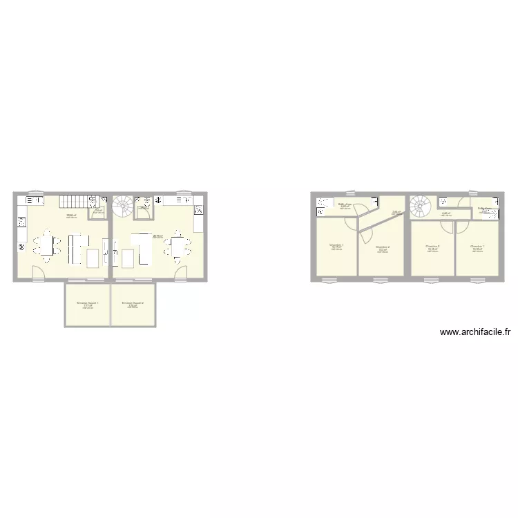 Appart 1 et 2 en duplex RDC et 1 &eacute;tage . Plan de 