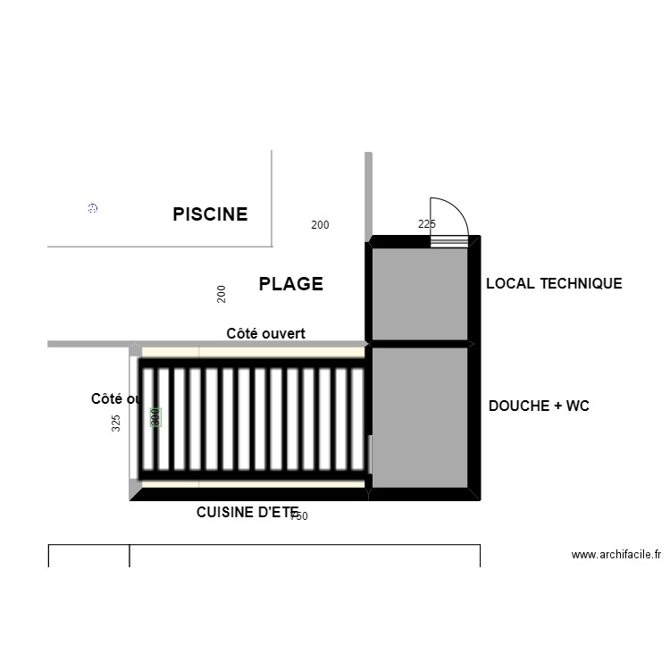 POOL HOUSE vue de face. Plan de 3 pièces et 24 m2