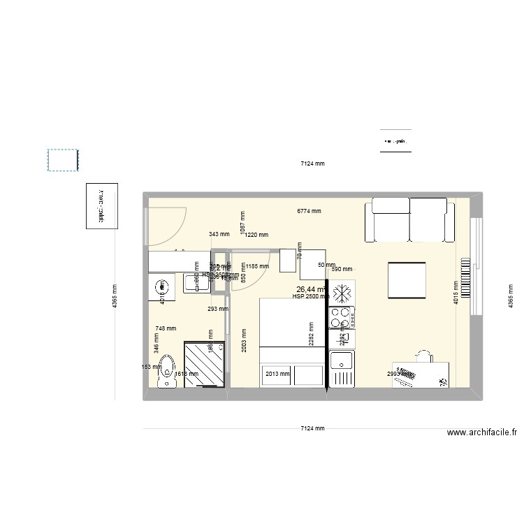 25 Parmentier V4. Plan de 2 pièces et 27 m2