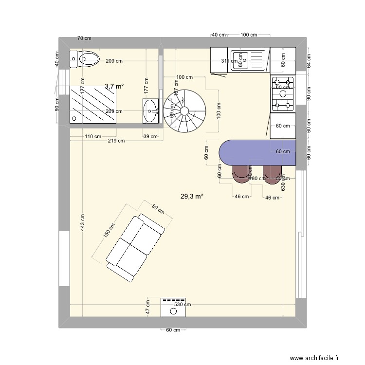 35 mètres carrés. Plan de 2 pièces et 33 m2