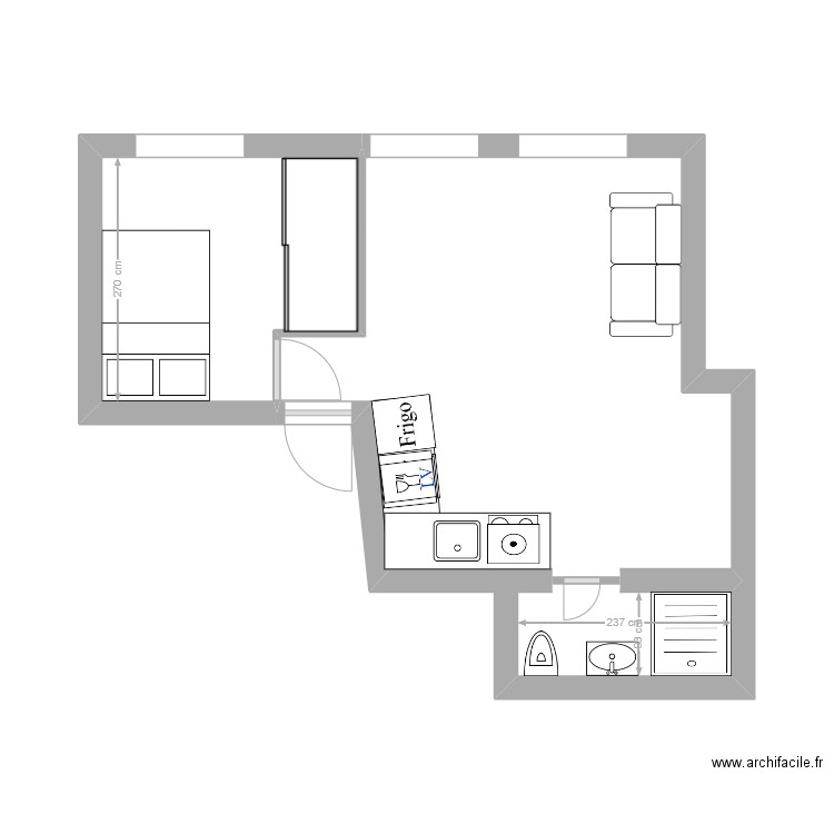 plan projet NIMA - cascades. Plan de 2 pièces et 24 m2