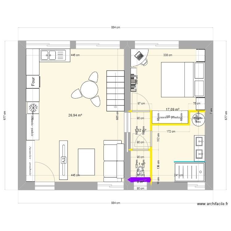 extension meublé. Plan de 5 pièces et 47 m2