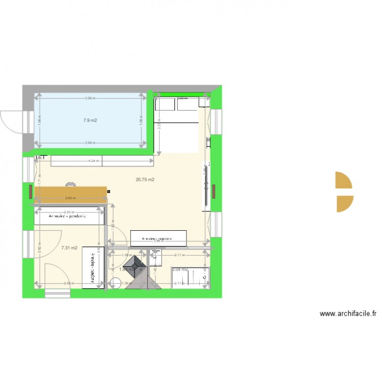 Pièce HUGO avec isolation. Plan de 5 pièces et 41 m2