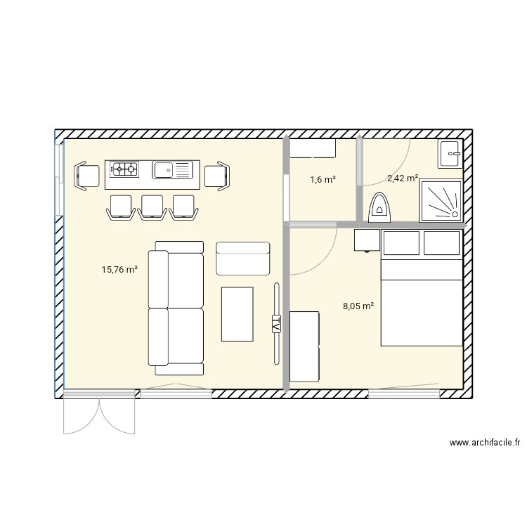 Studio Meublé. Plan de 4 pièces et 28 m2