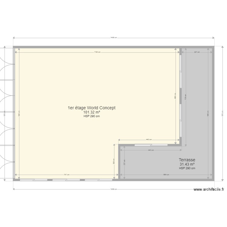 1 er world concept. Plan de 2 pièces et 133 m2