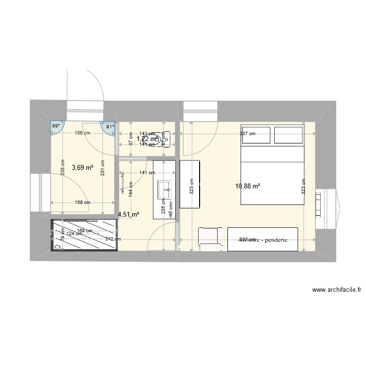 RDC Petit Rezole - Coin Entrée/Parents Version 3. Plan de 4 pièces et 20 m2