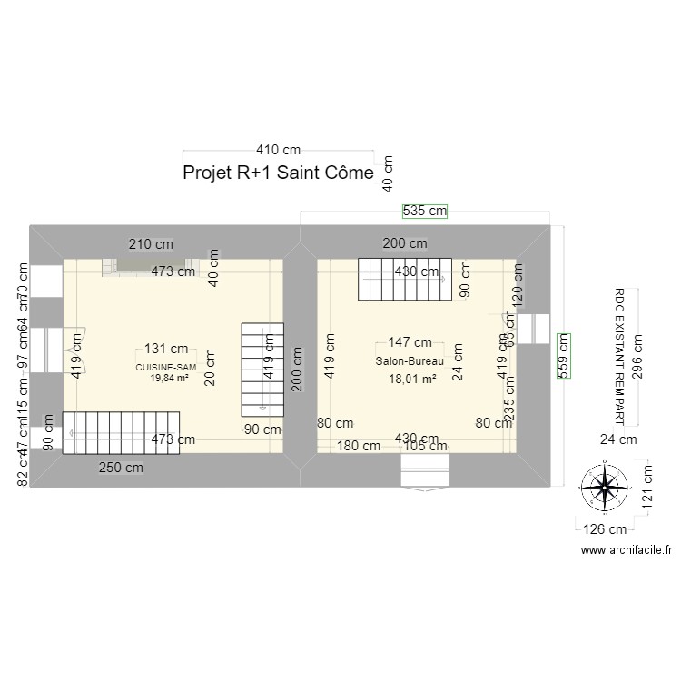 Projet R+1 Saint Côme Trémies. Plan de 2 pièces et 38 m2