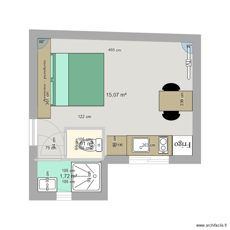cha. Plan de 3 pièces et 18 m2