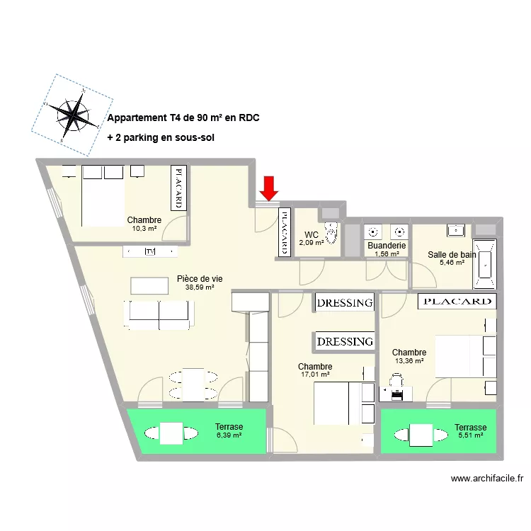 BOUYGUES T4 RDC le moins cher. Plan de 